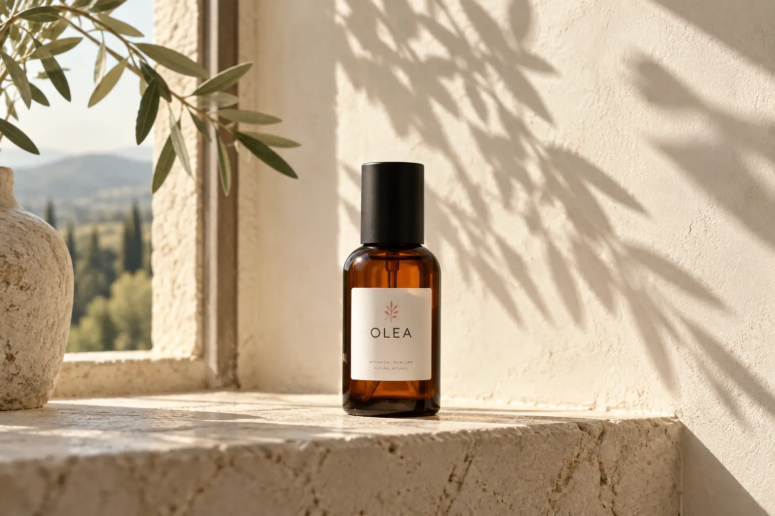 OLEA bottle on a sunlit stone windowsill