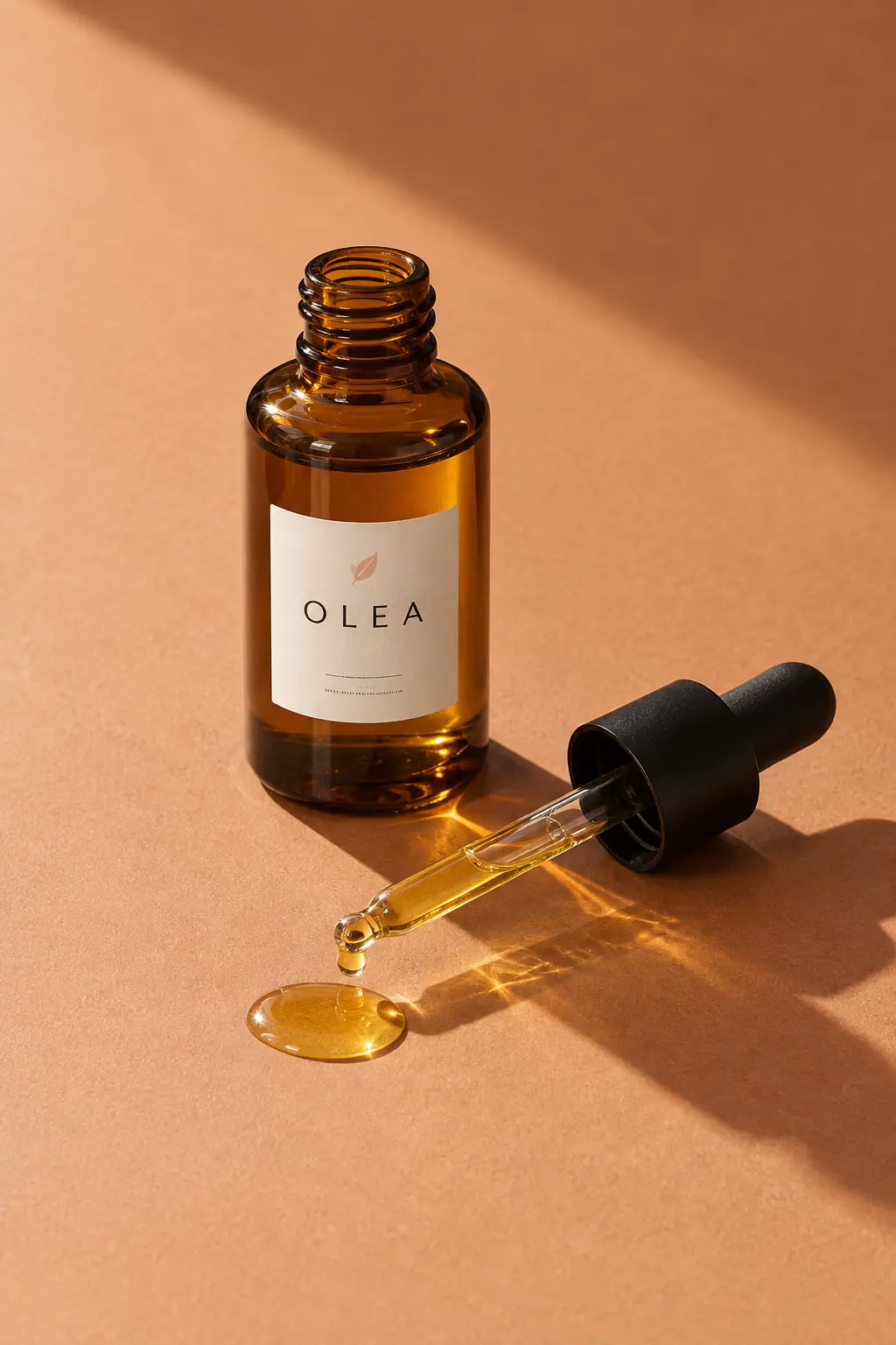 Amber dropper bottle on a terracotta backdrop