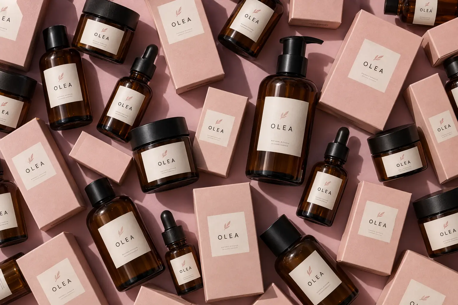 Flat lay of OLEA boxes and amber bottles on a lilac surface