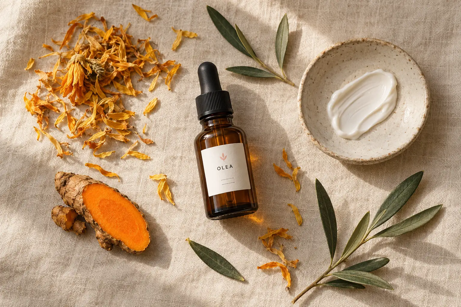 Flat lay of an amber bottle, calendula petals, turmeric and cream on linen