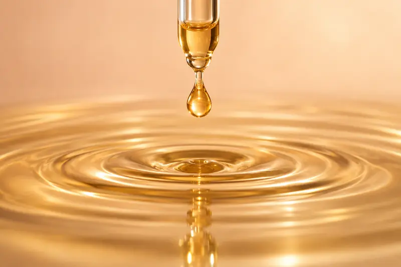 Amber oil drop landing on a rippling pool of oil