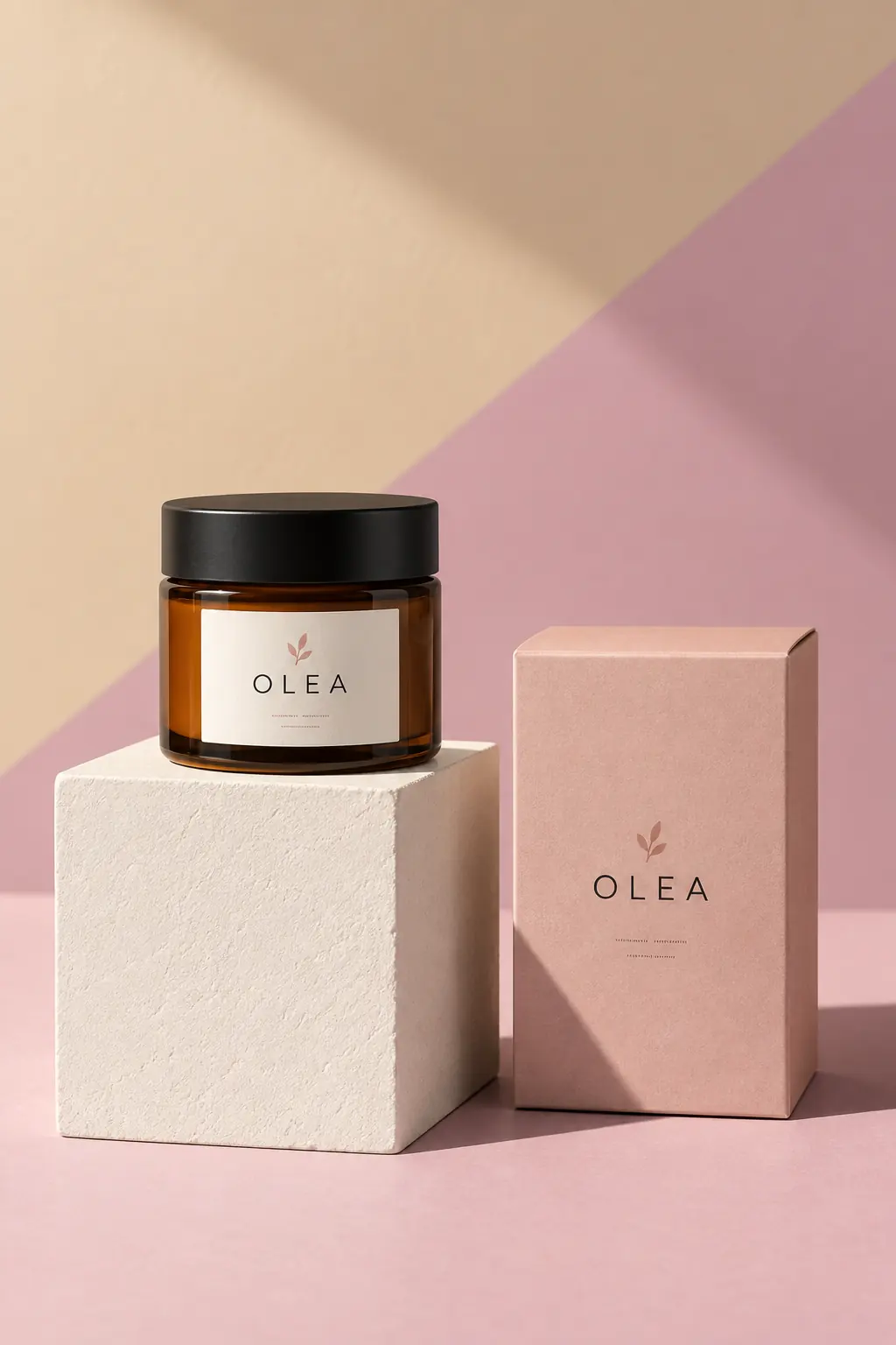 OLEA jar on a plaster cube beside its blush box