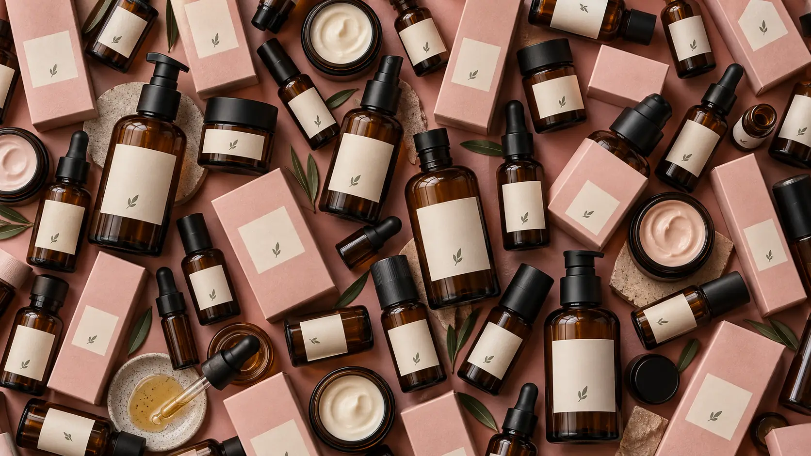 Overhead flat lay of amber OLEA bottles and blush boxes packed edge to edge